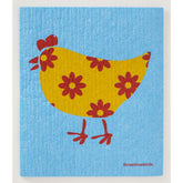 A yellow chicken with red floral patterns, red legs, and a red beak stands on a light blue textured background on the Birds and Chickens Swedish Dishcloth by Three Bluebirds Swedish Dishcloths. "threebluebirds" appears in red text at the bottom right.